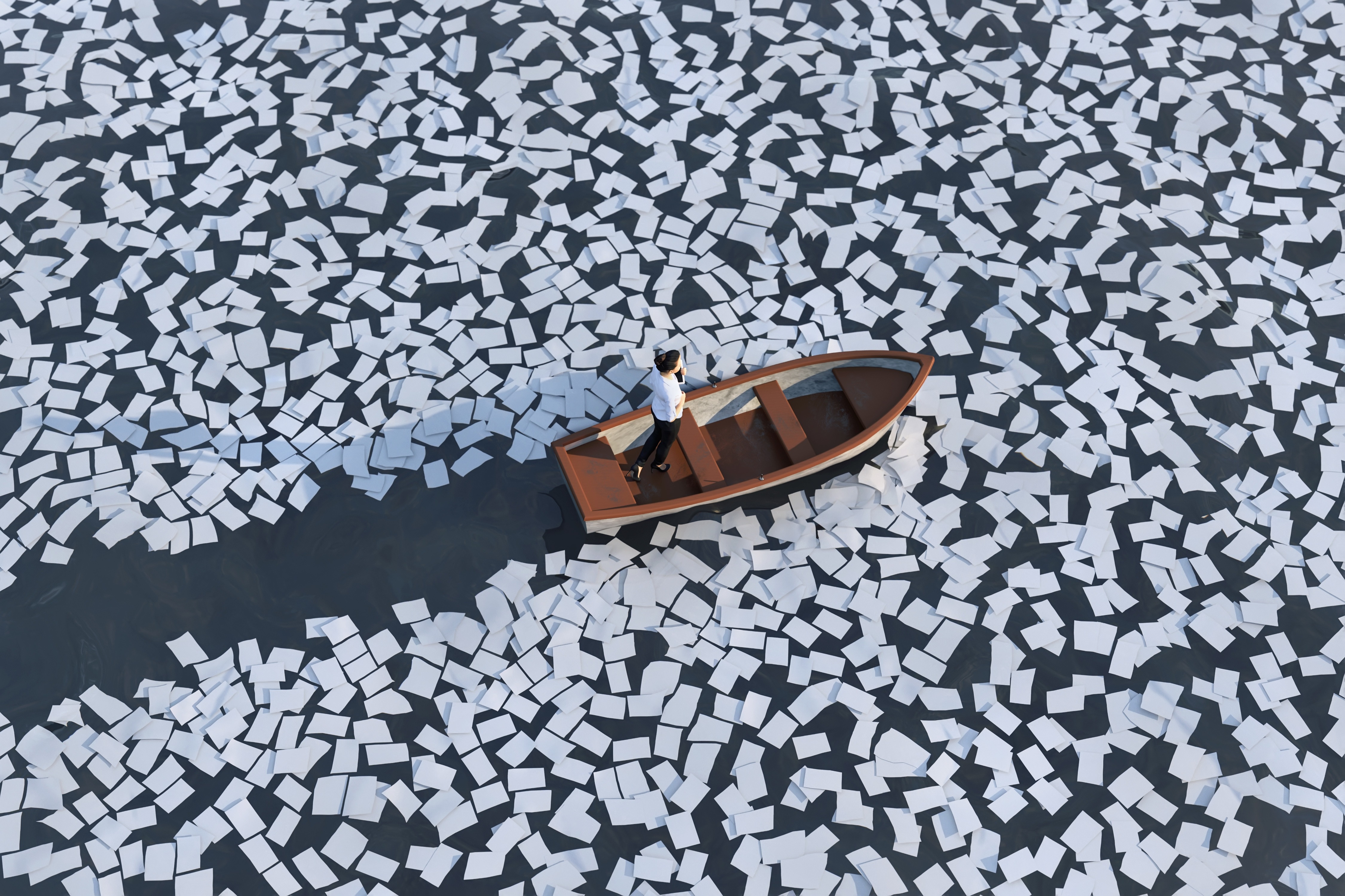 Person in a boat navigating a sea of paper, symbolizing the move from paper chaos to digital accounting.