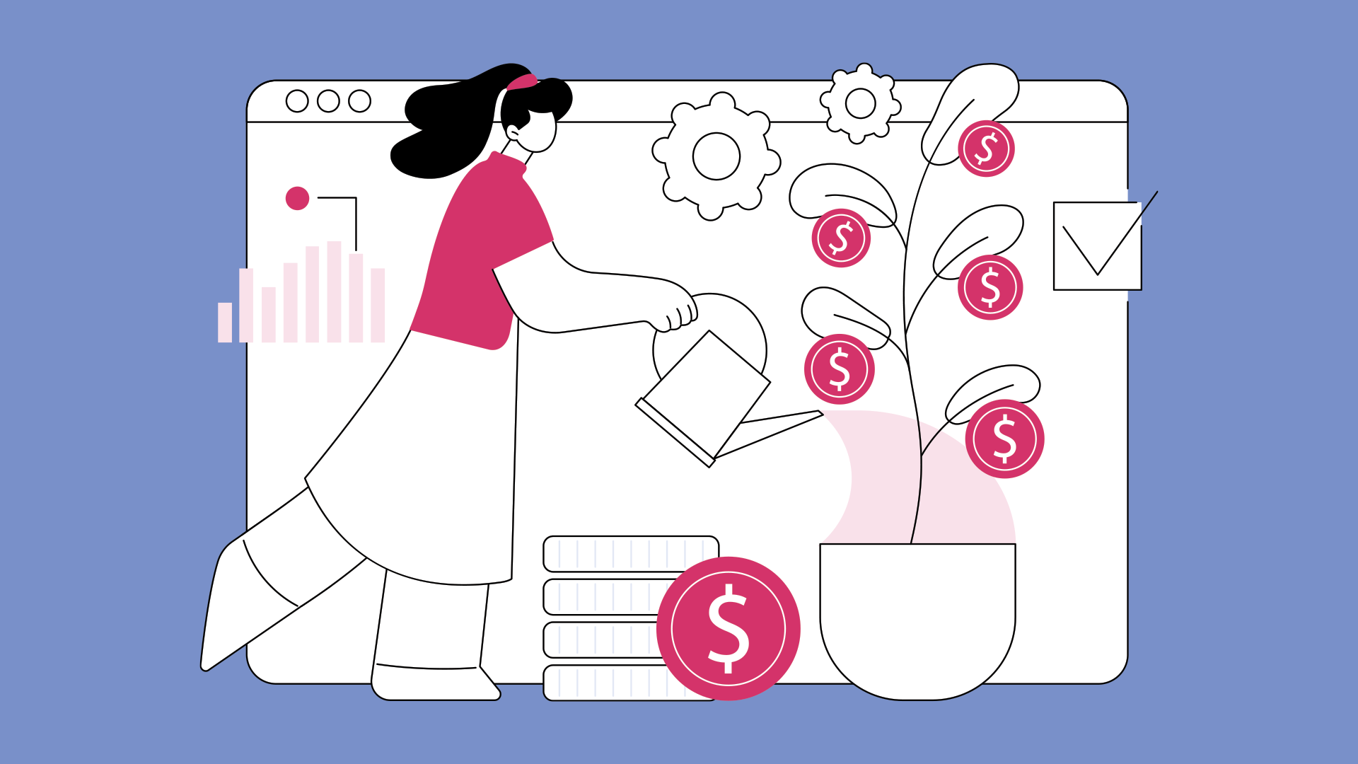 Illustration of a person watering a plant that grows money, symbolizing scaling sales through a digital platform.